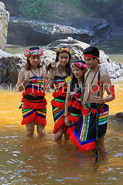 CAMBODIA, Siem Reap Prov, Kulen Mountain, locals posing in traditional Mondulkiri attire, CAM2439JPL