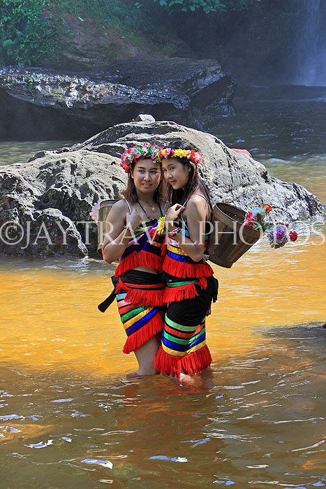 CAMBODIA, Siem Reap Prov, Kulen Mountain, locals posing in traditional Mondulkiri attire, CAM2440JPL