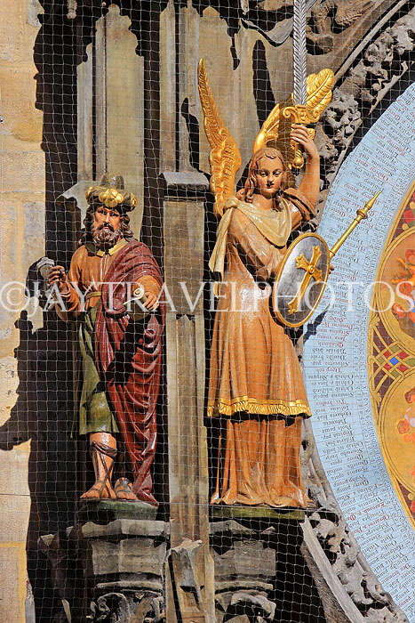 Czech Rep, PRAGUE, Old Town Sq, Astronomical Clock (Orloj), close-up of statues, CZ1082JPL