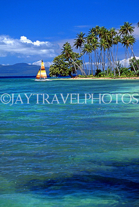 FIJI, Taveuni, Matagi (Matangi) Island, seascape, sailboat, and cocout trees, FIJ905JPL