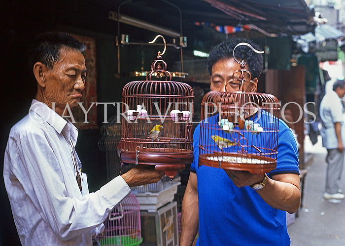 HONG KONG, Kowloon, Mong Kok, Yuen Po Street Bird Garden, two buyer with singing birds, HK291JPL