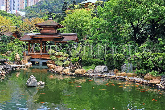 HONG KONG, Kowloon, Nan Lian Garden, Blue Pond and Pavilion Bridge, HK1030JPL