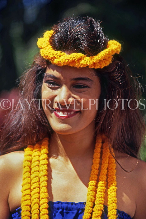 Hawaiian Islands, OAHU, cultural dancer, wearing braided leis, HAW2258JPL