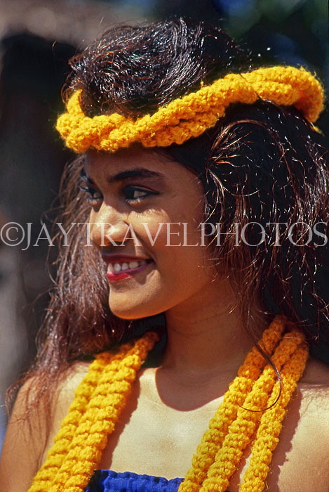 Hawaiian Islands, OAHU, cultural dancer, wearing braided leis, HAW363JPL