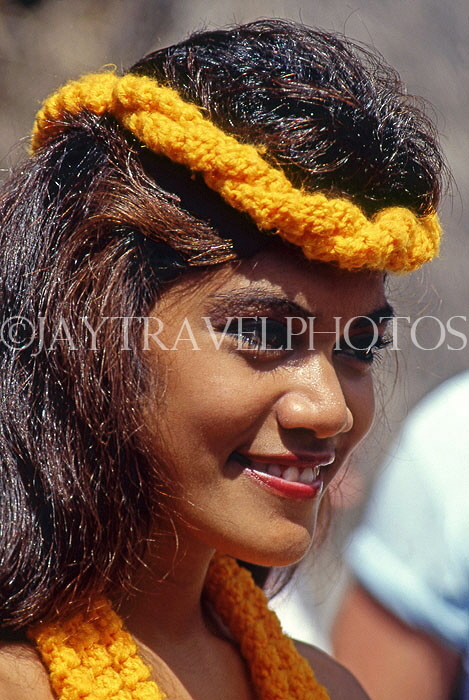 Hawaiian Islands, OAHU, cultural dancer, wearing braided leis, HAW364JPL