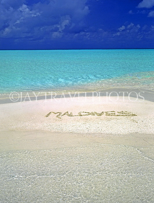 MALDIVE ISLANDS, seascape and beach, with Maldives written in sand, MAL692JPL