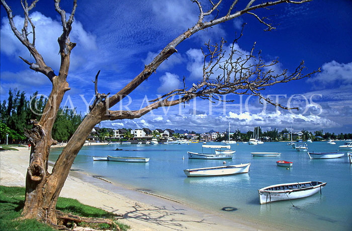 MAURITIUS, North Coast, Grand Bay, fishing boats and beach, MRU189JPL