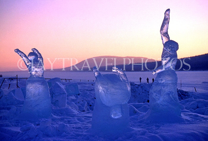 SWEDEN, Lapland, JUKKJARVI, Ice Hotel grounds, Ice sculptures, SWE101JPL