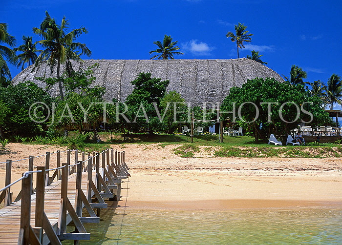 TONGA, Atata Island, pier leading to island and Royal Sunset Island Resort, TON142JPL